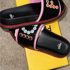 Fendi Black Slide Mules with Pink Trim and Multicolor Embellishments